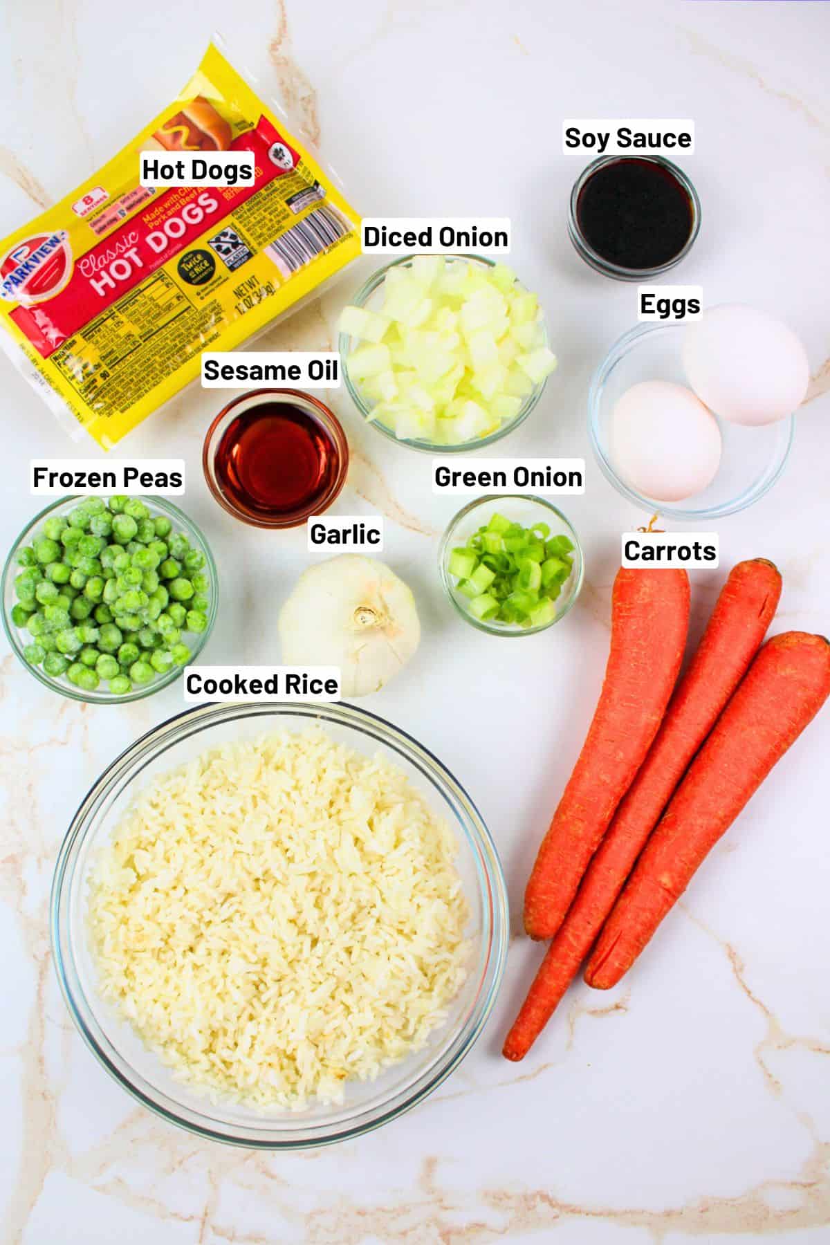 labeled ingredients needed to make hot dog fried rice.