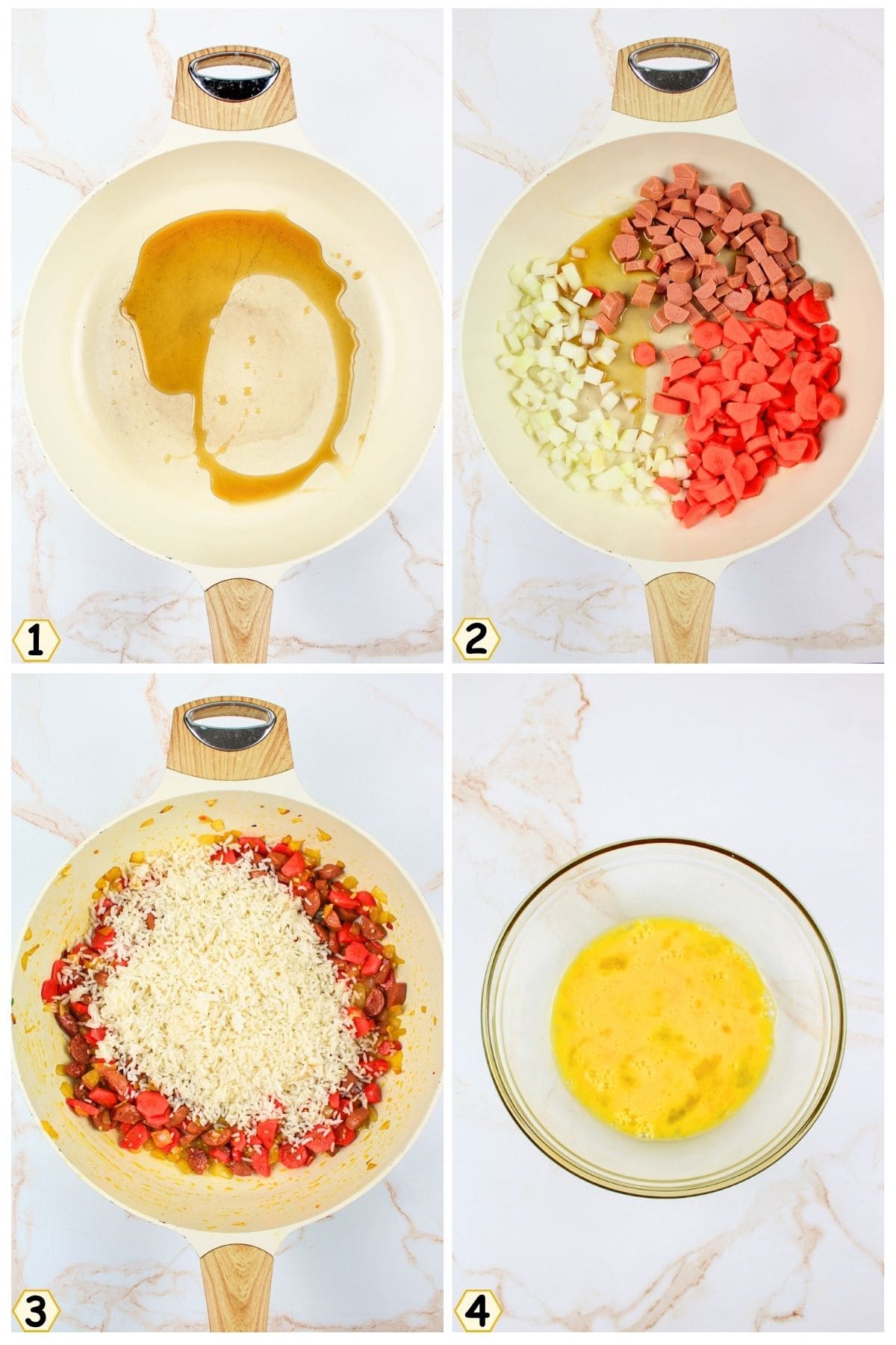 add oil to pan, saute onion, meat and carrot, add rice, whisk eggs.