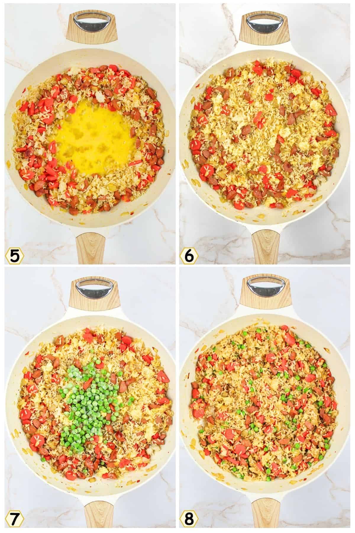 add egg to pan, scramble, mix, then stir in peas.