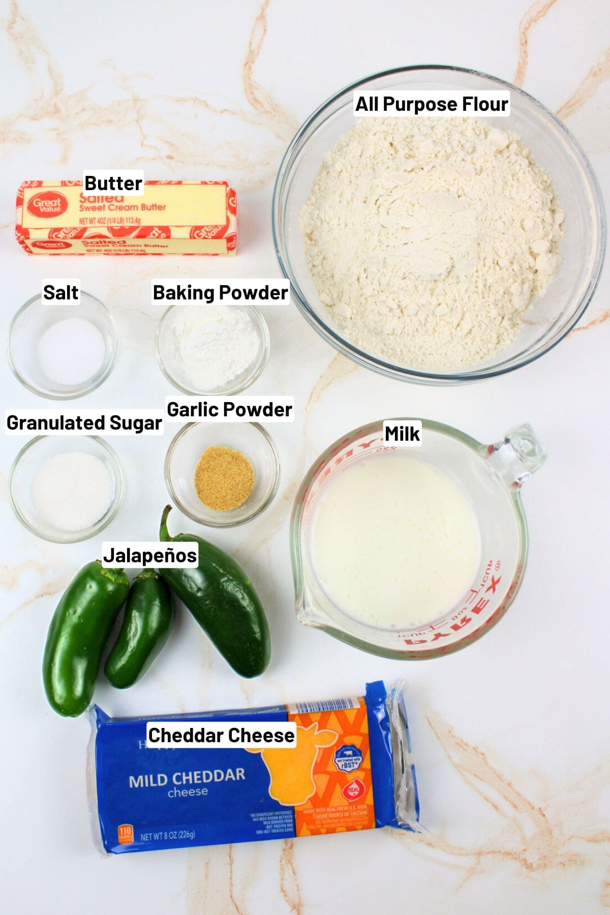 labeled ingredients to make jalapeno cheddar biscuits.