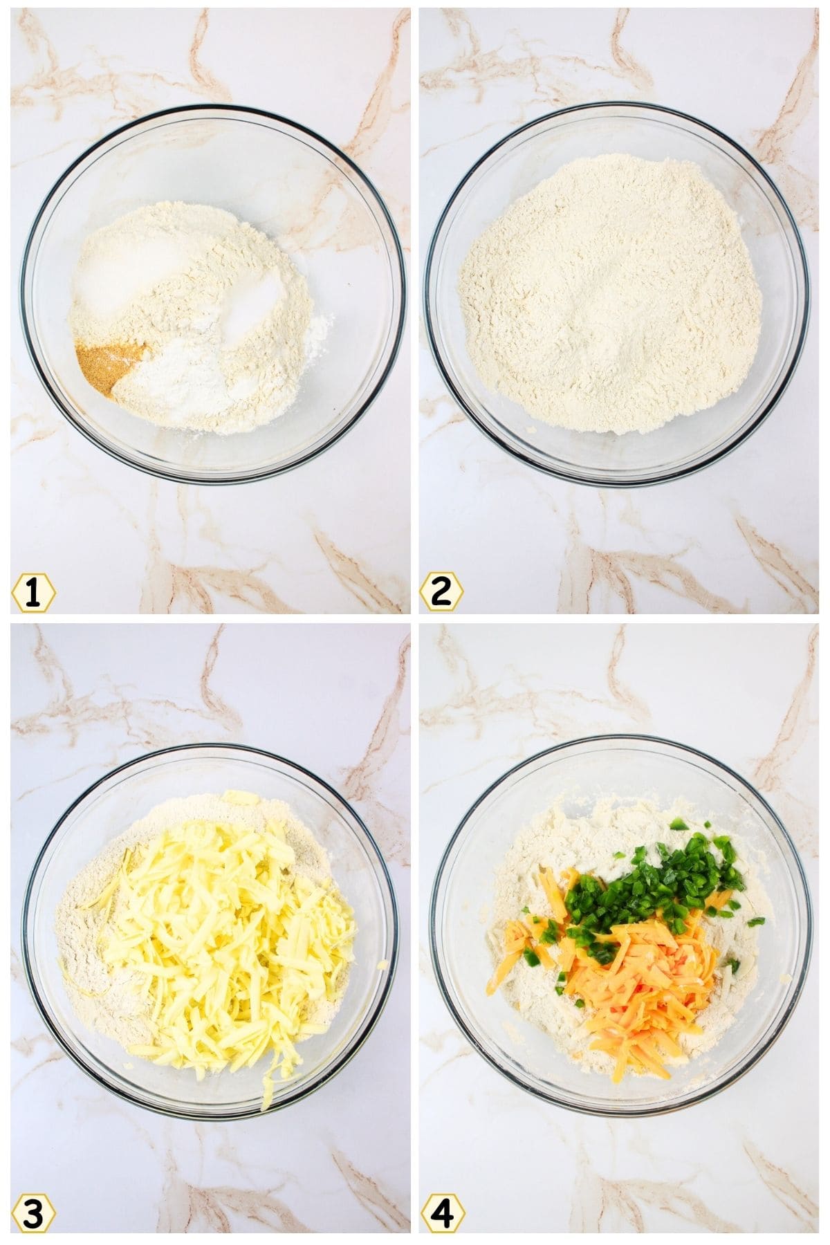 mix dry ingredients and stir in butter and cheese.