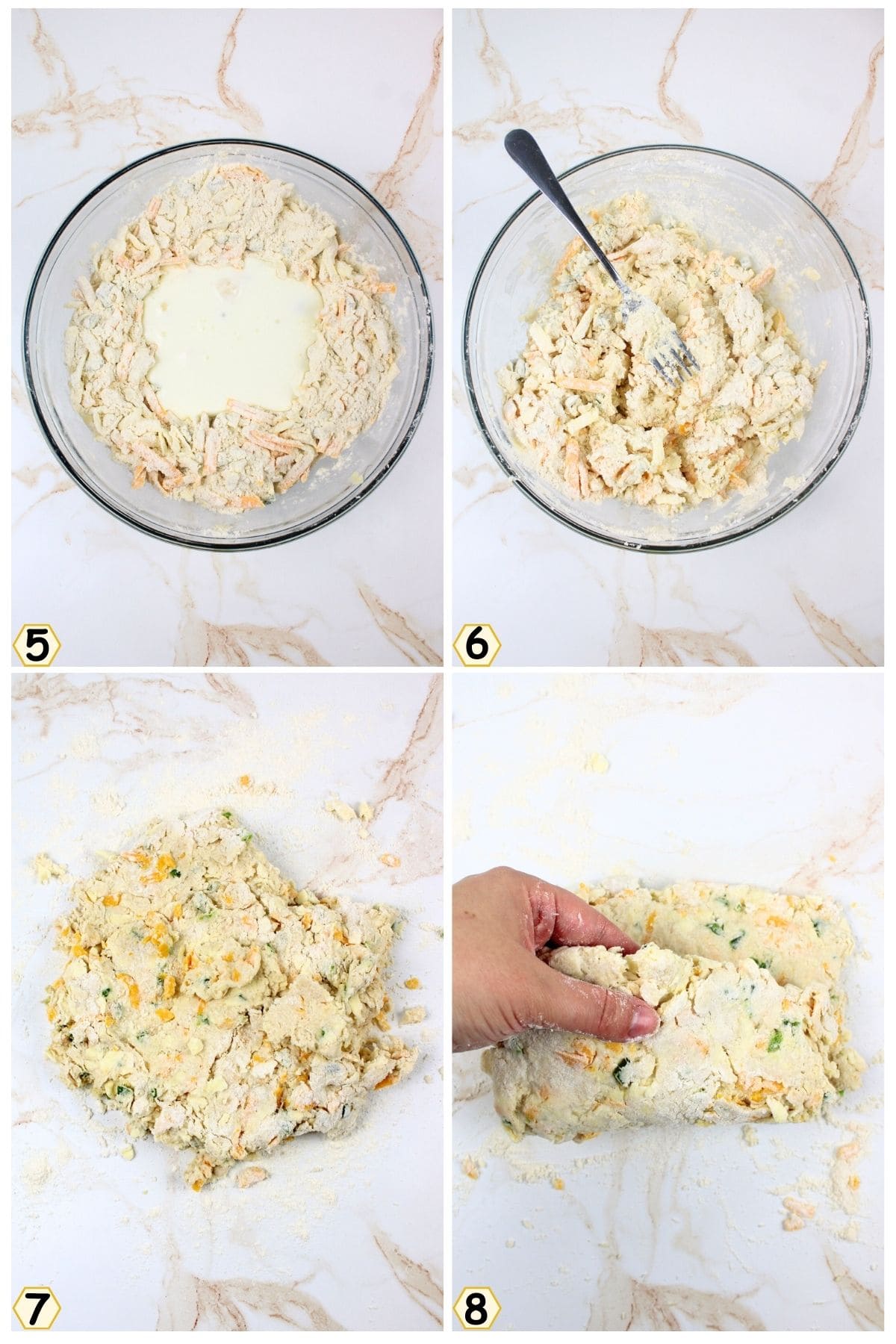 add in milk and stir together, put onto floured surface and laminate.