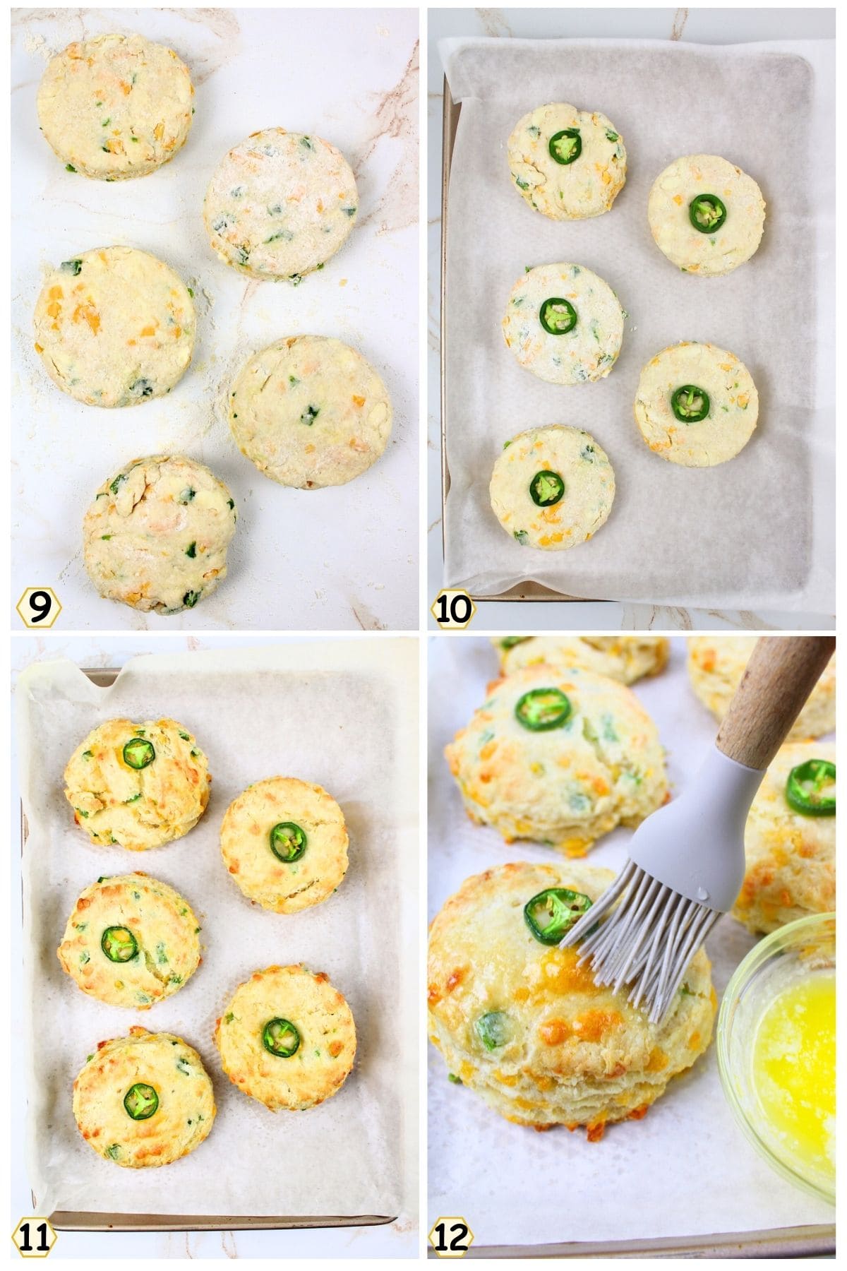 cut biscuits, put on sheet and bake then brush with butter.