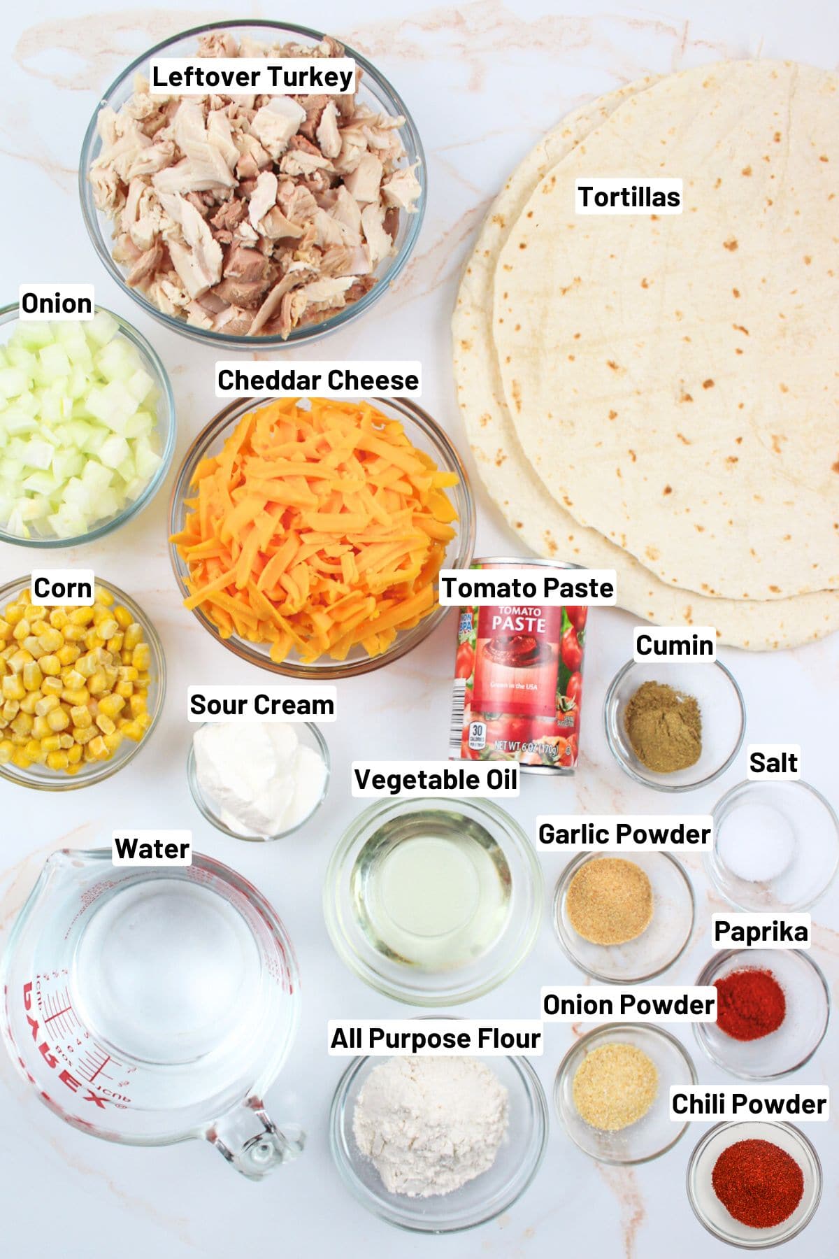 labeled ingredients needed to make leftover turkey enchiladas.