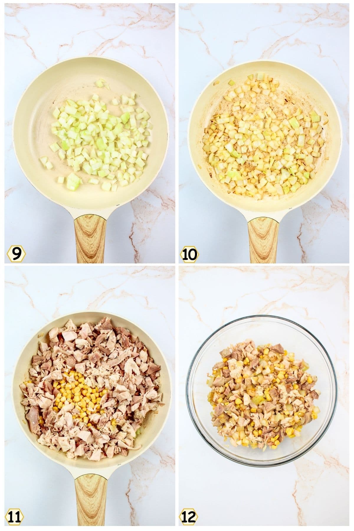 saute onions and add turkey and corn.