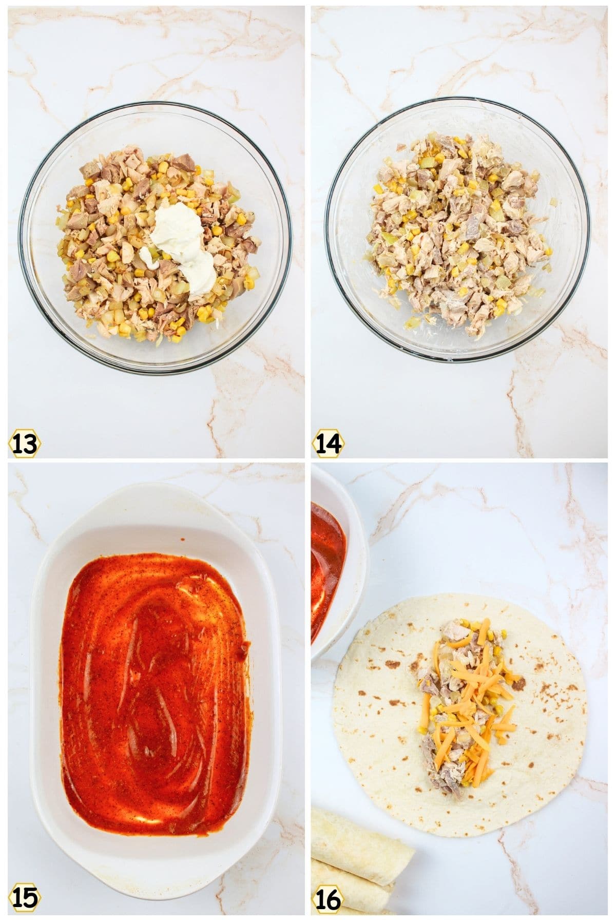 mix in sour cream then spread sauce in pan and fill tortillas.