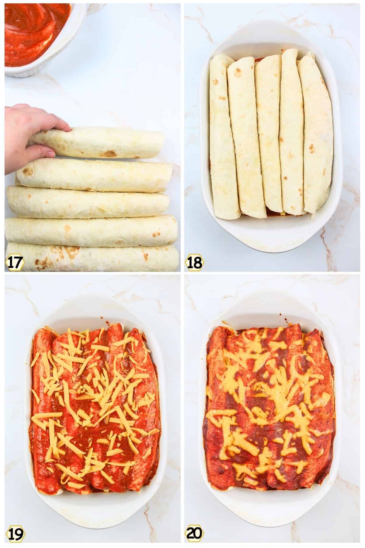 roll tortillas and place in pan add sauce and cheese, then bake.