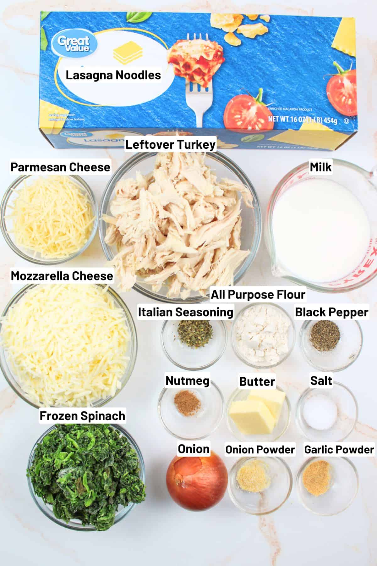 labeled ingredients for leftover turkey lasagna.