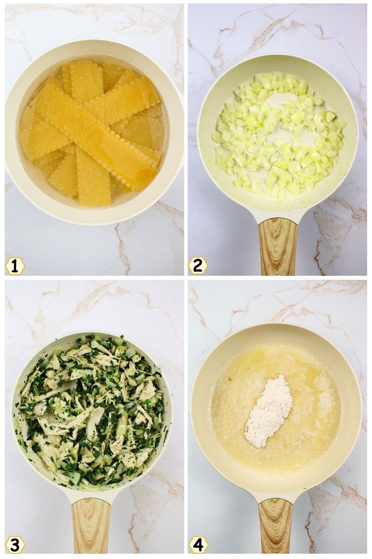 boil noodles, saute onions, add meat and spinach and then start roux.