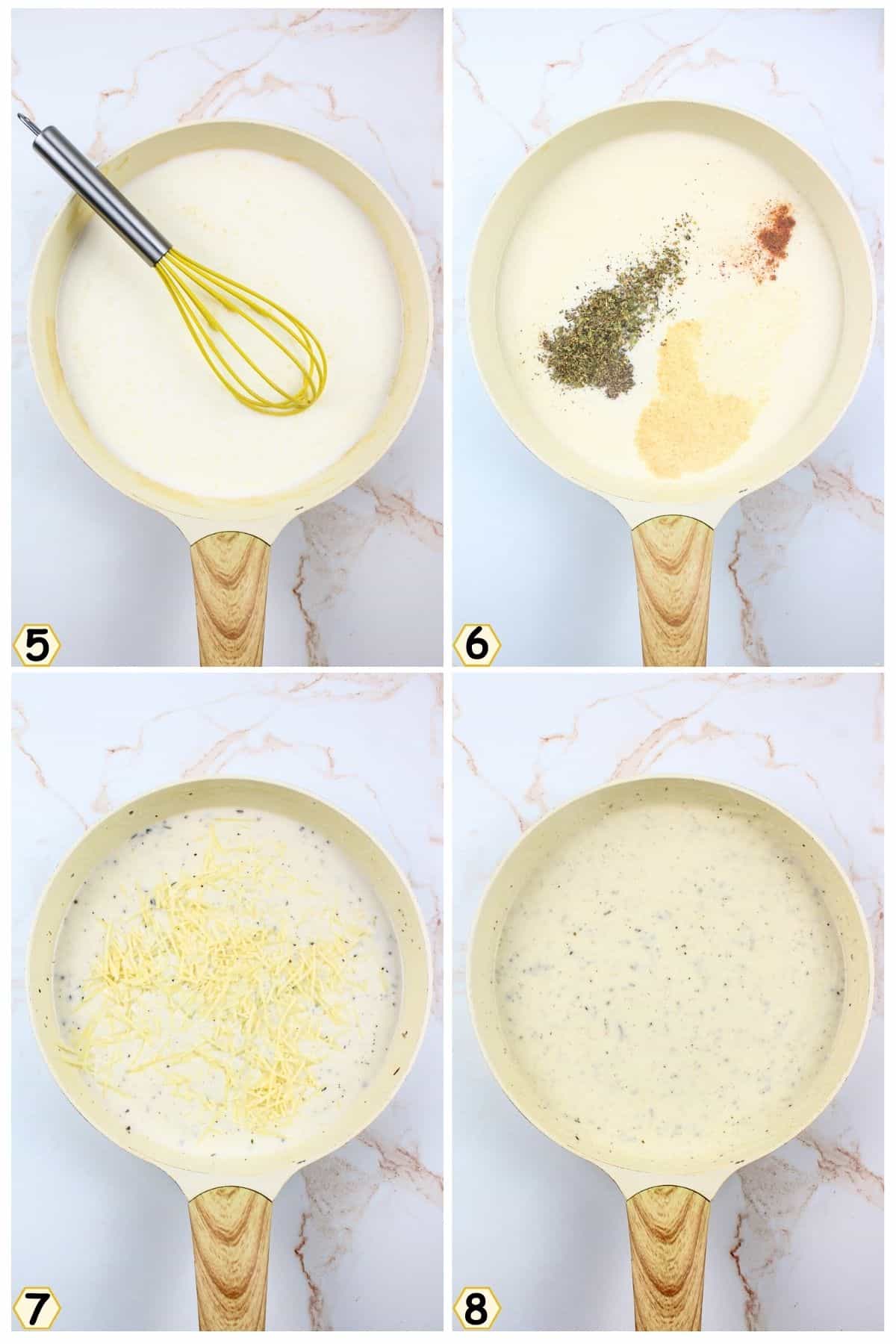 whisk milk, seasonings and cheese into the roux.