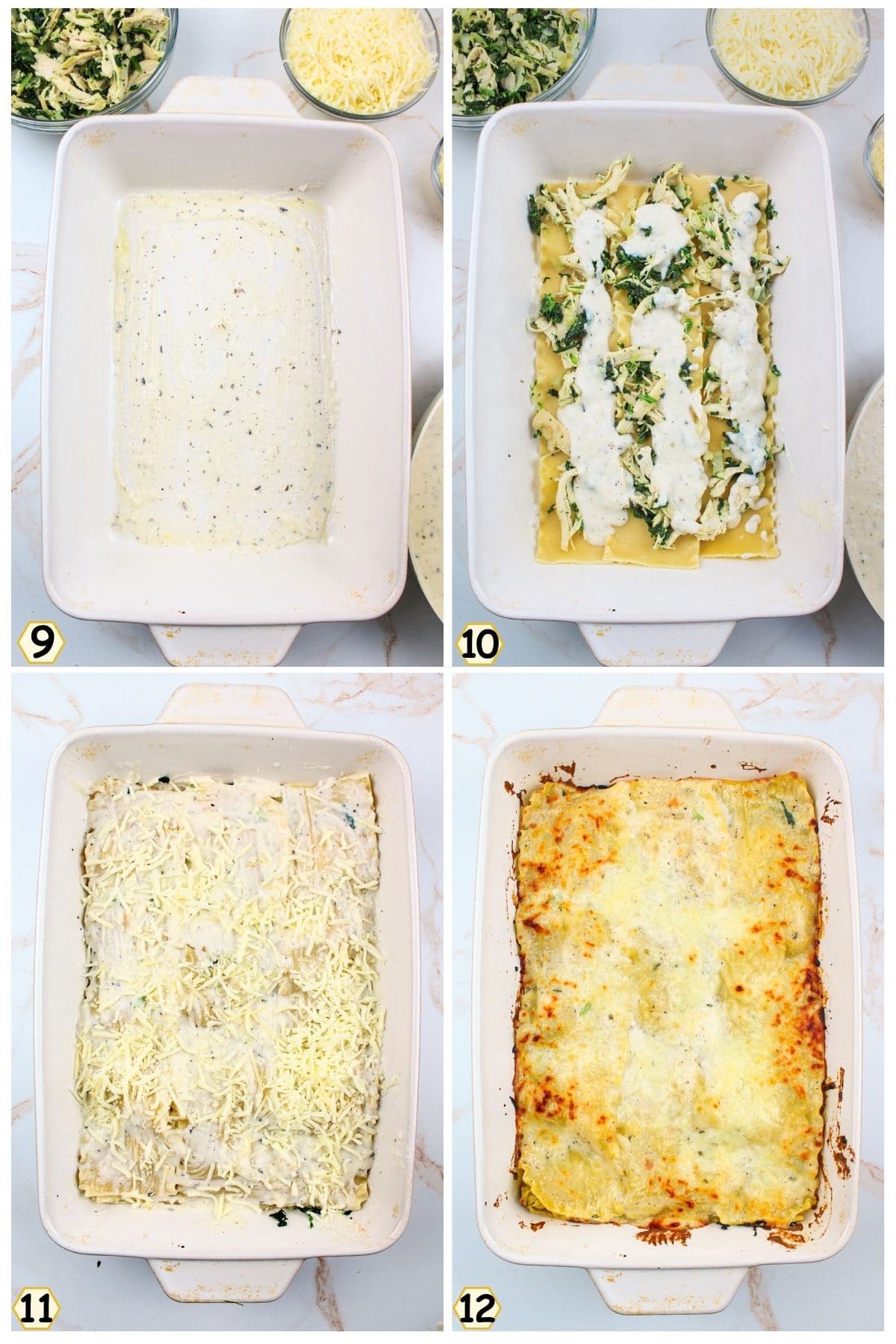 brush sauce over pan, add noodles, filling, sauce, layer and add cheese then bake.