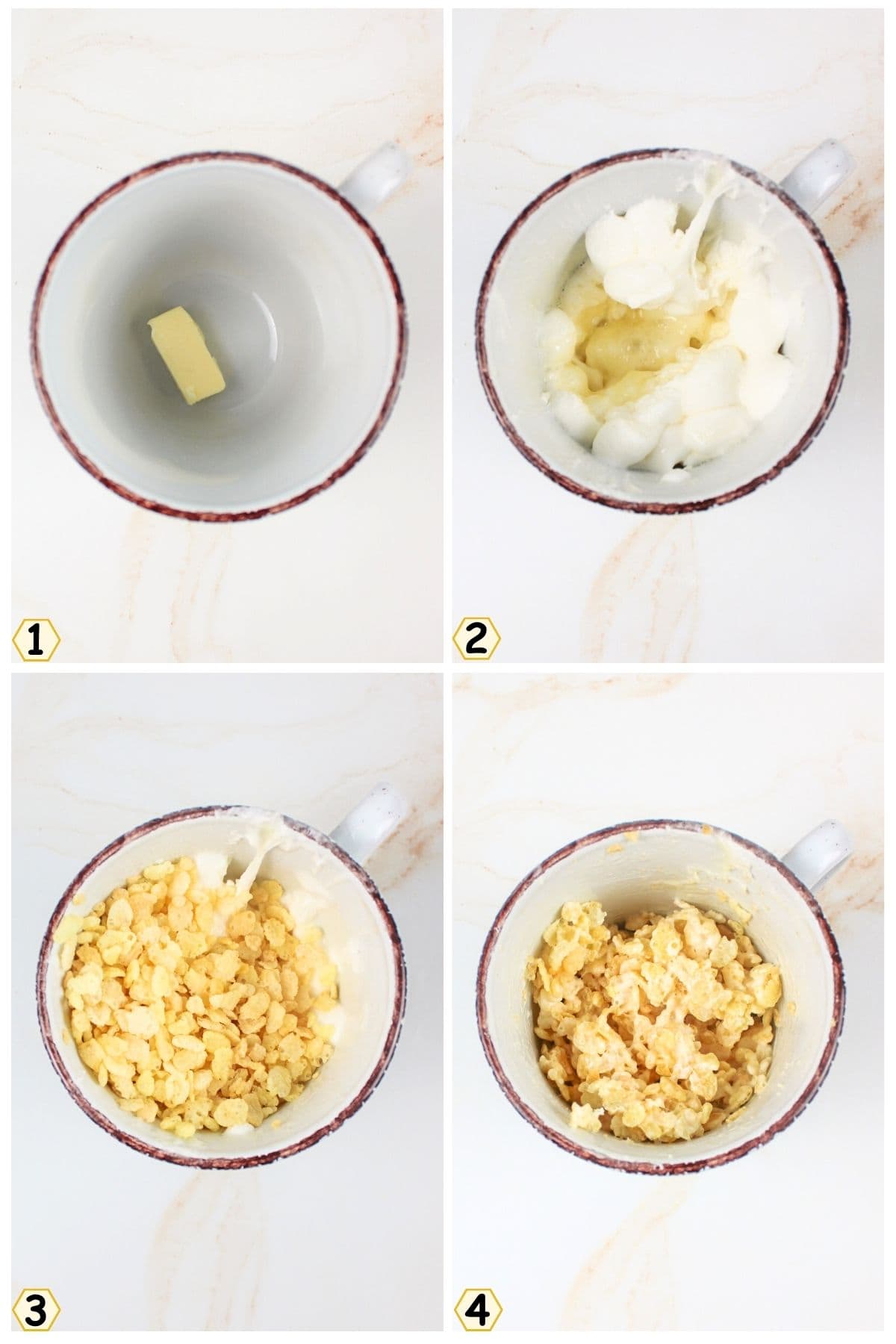 melt butter, add marshmallows and melt, then stir in cereal.