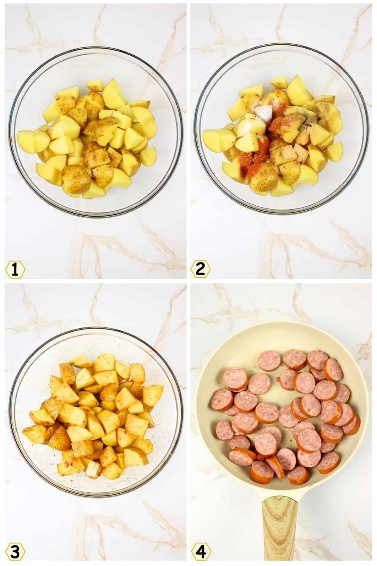 cube potatoes and add seasonings, add sausage to pan.