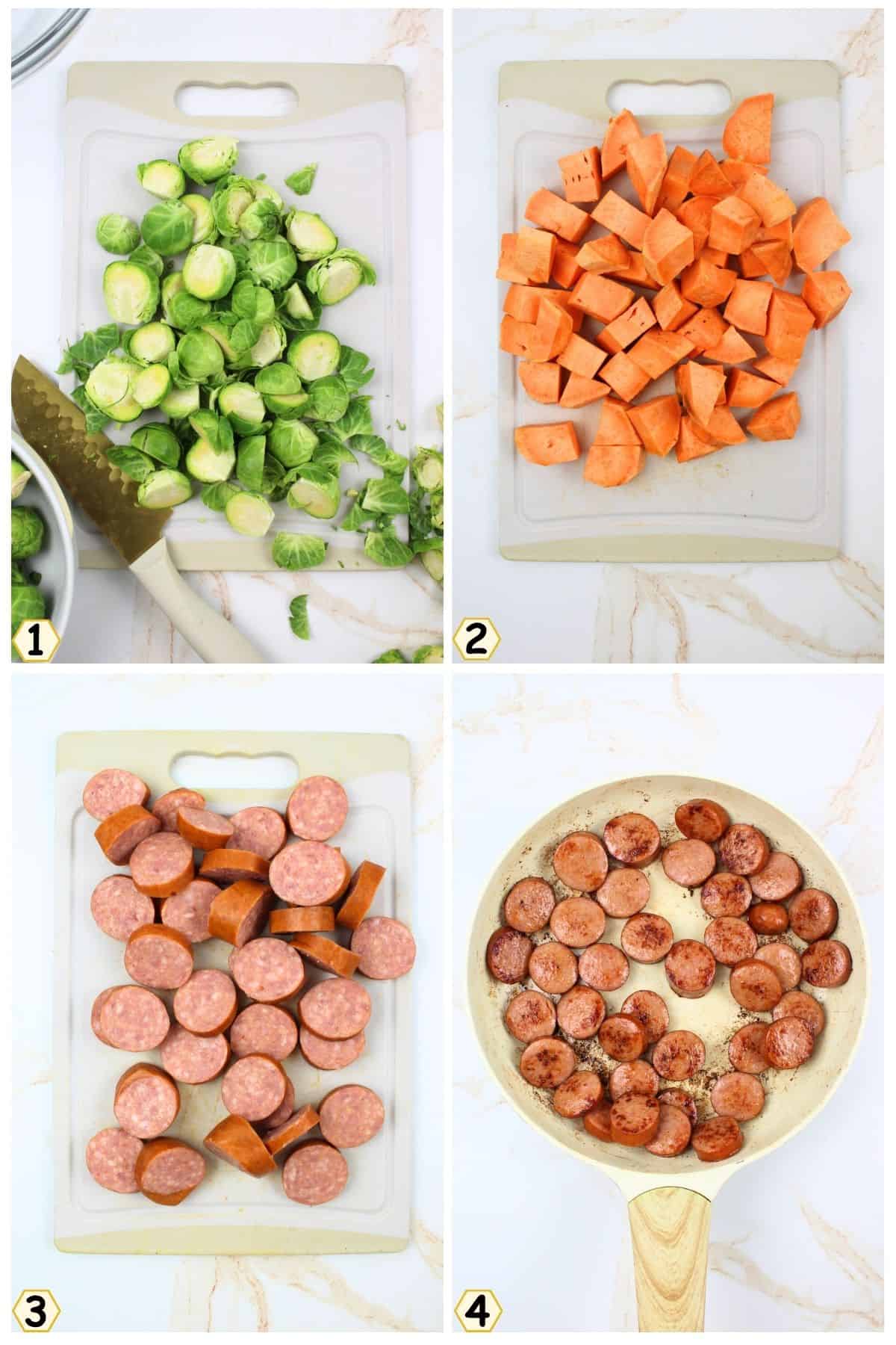 halve brussels sprouts, peel and dice potato, slice sausage and brown.