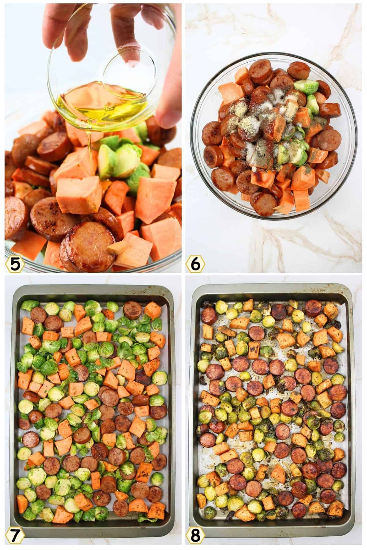 add oil and seasonings, mix and spread on sheet pan then bake.