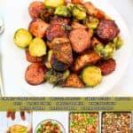 promotional graphic for sheet pan sausages and brussels sprouts.