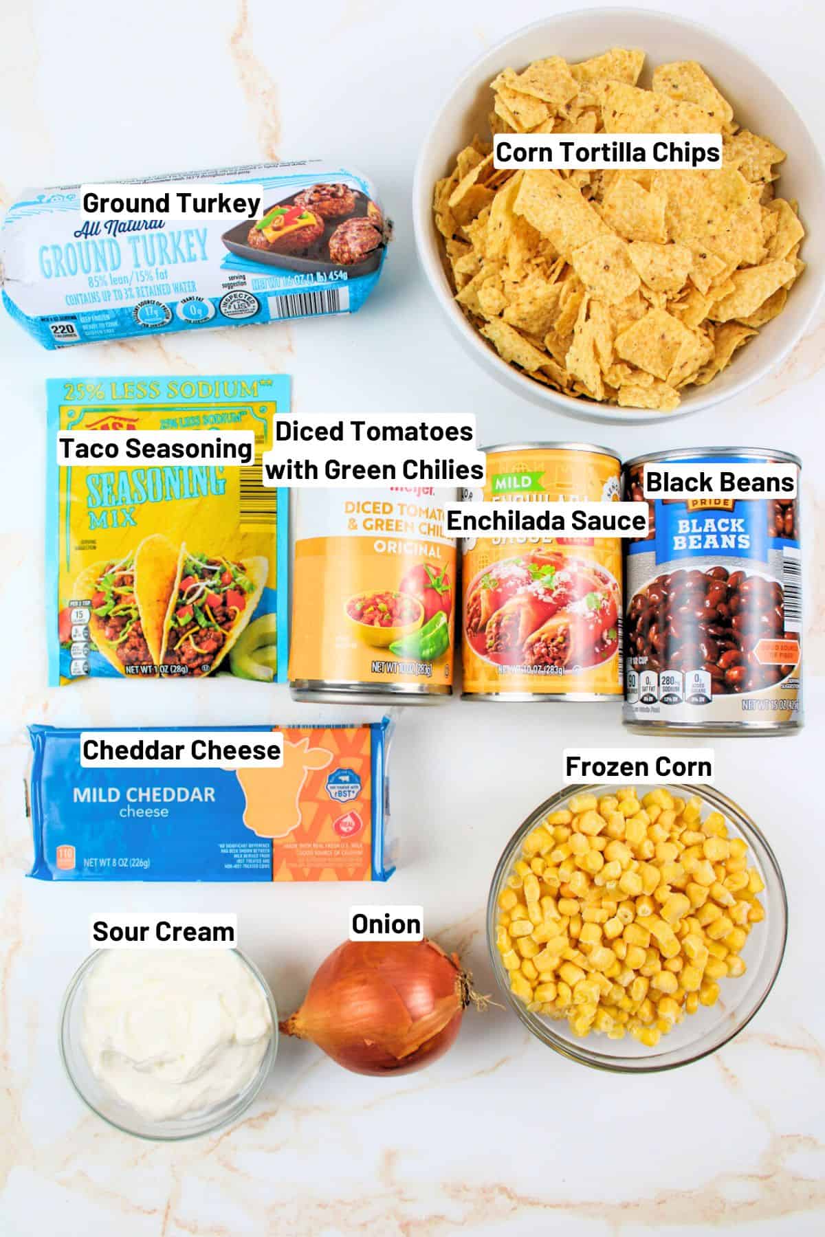 labeled ingredients needed to make walking taco casserole.