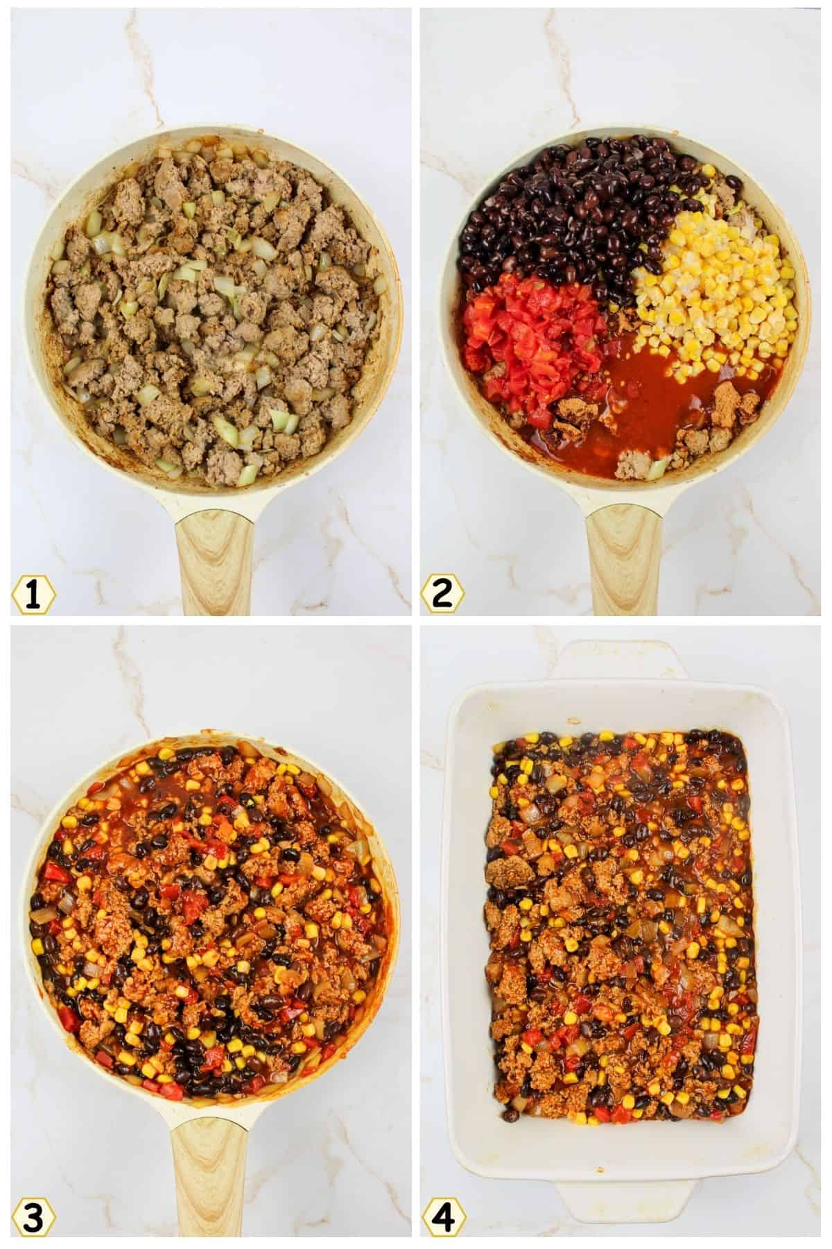 brown meat and onion, mix in corn, beans, and sauces then pour into dish.