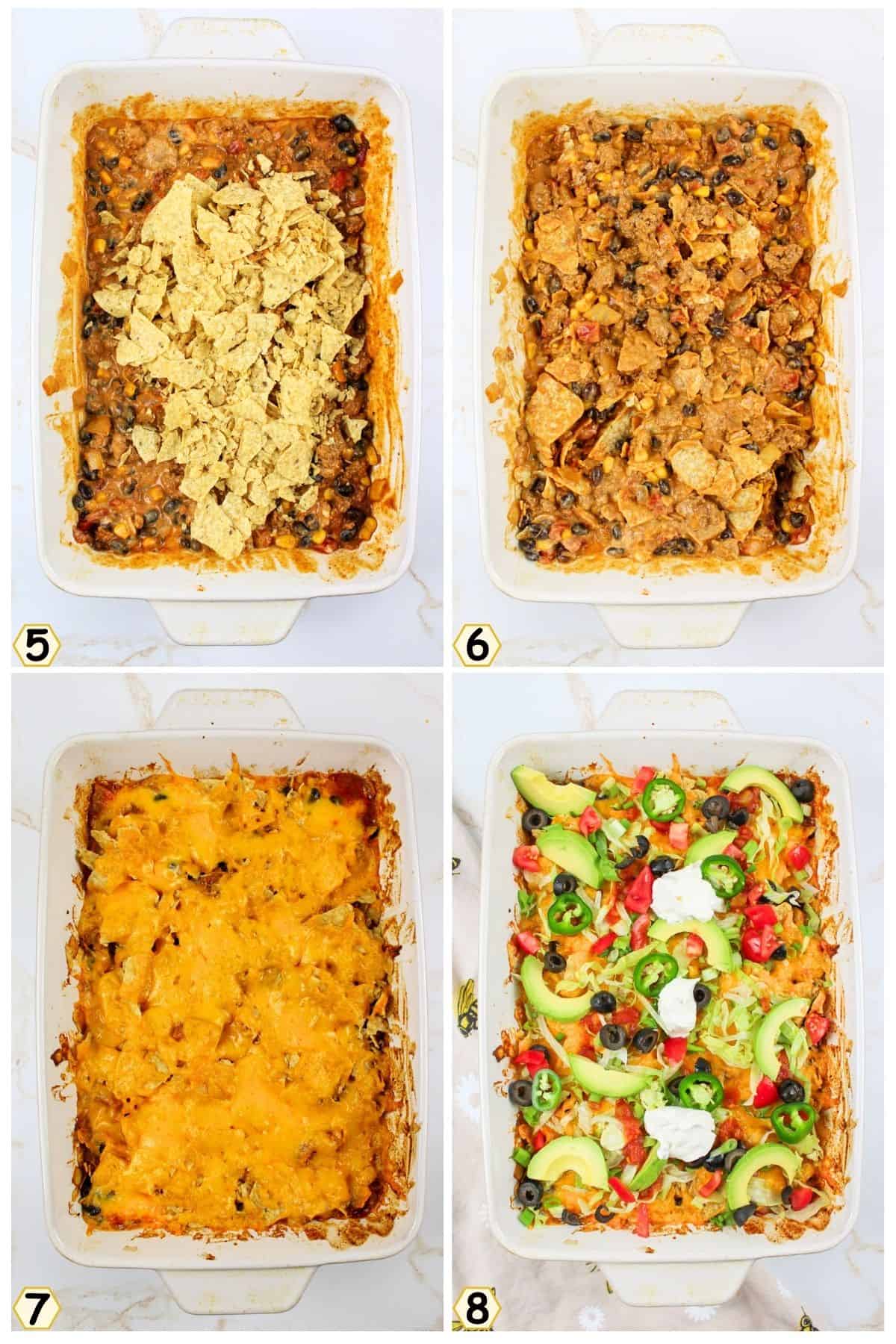 stir in chips and top with cheese, then bake and add toppings.