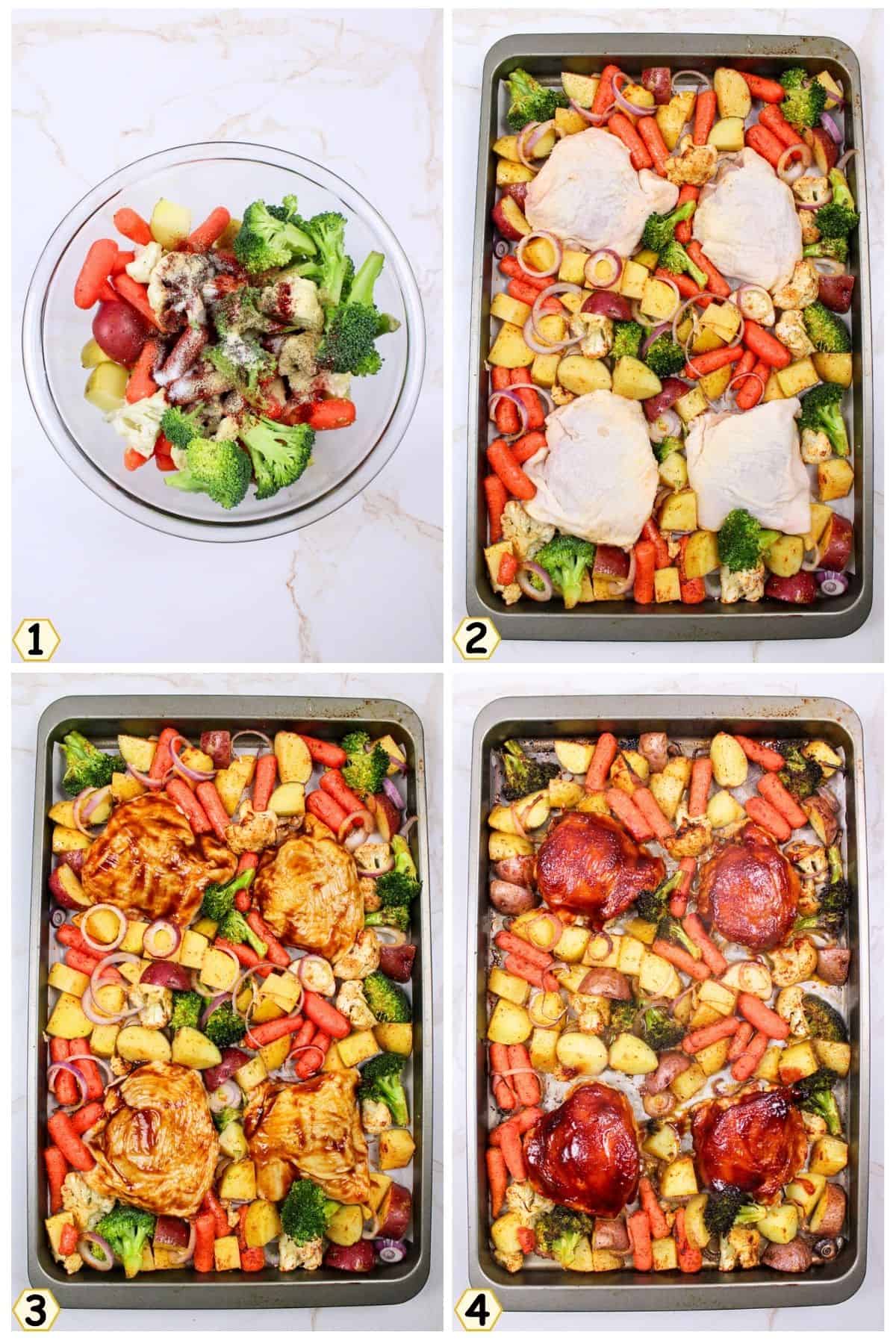mix seasonings with veggies, spread over pan, add chicken, spread bbq sauce, bake.