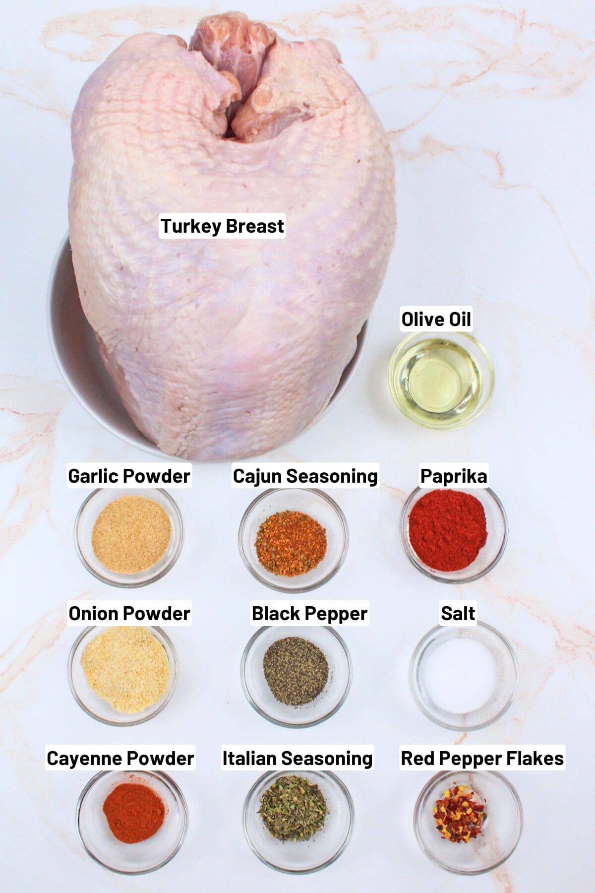 labeled ingredients needed to make cajun turkey breast recipe.
