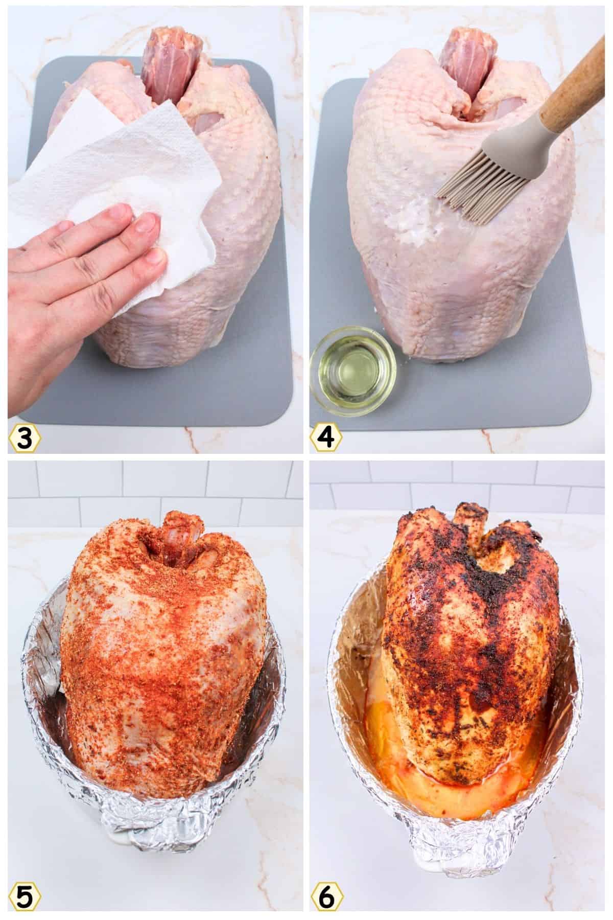 pat the turkey dry, coat with oil and spread seasonings before baking.
