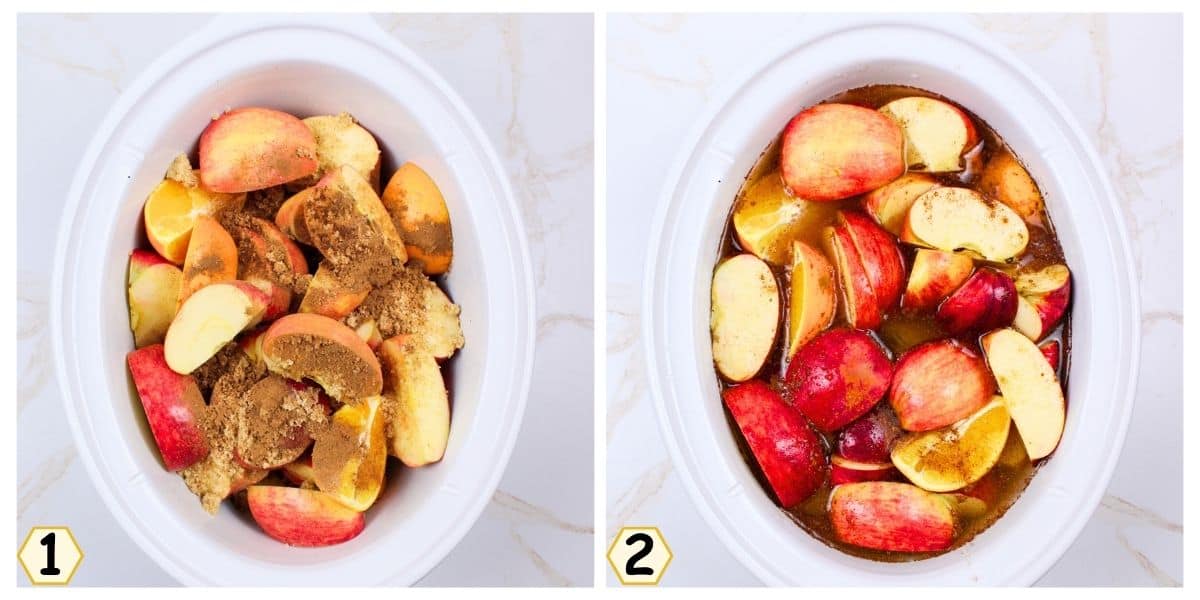 add sliced fruit, sugar, and seasonings to crockpot, then add water.