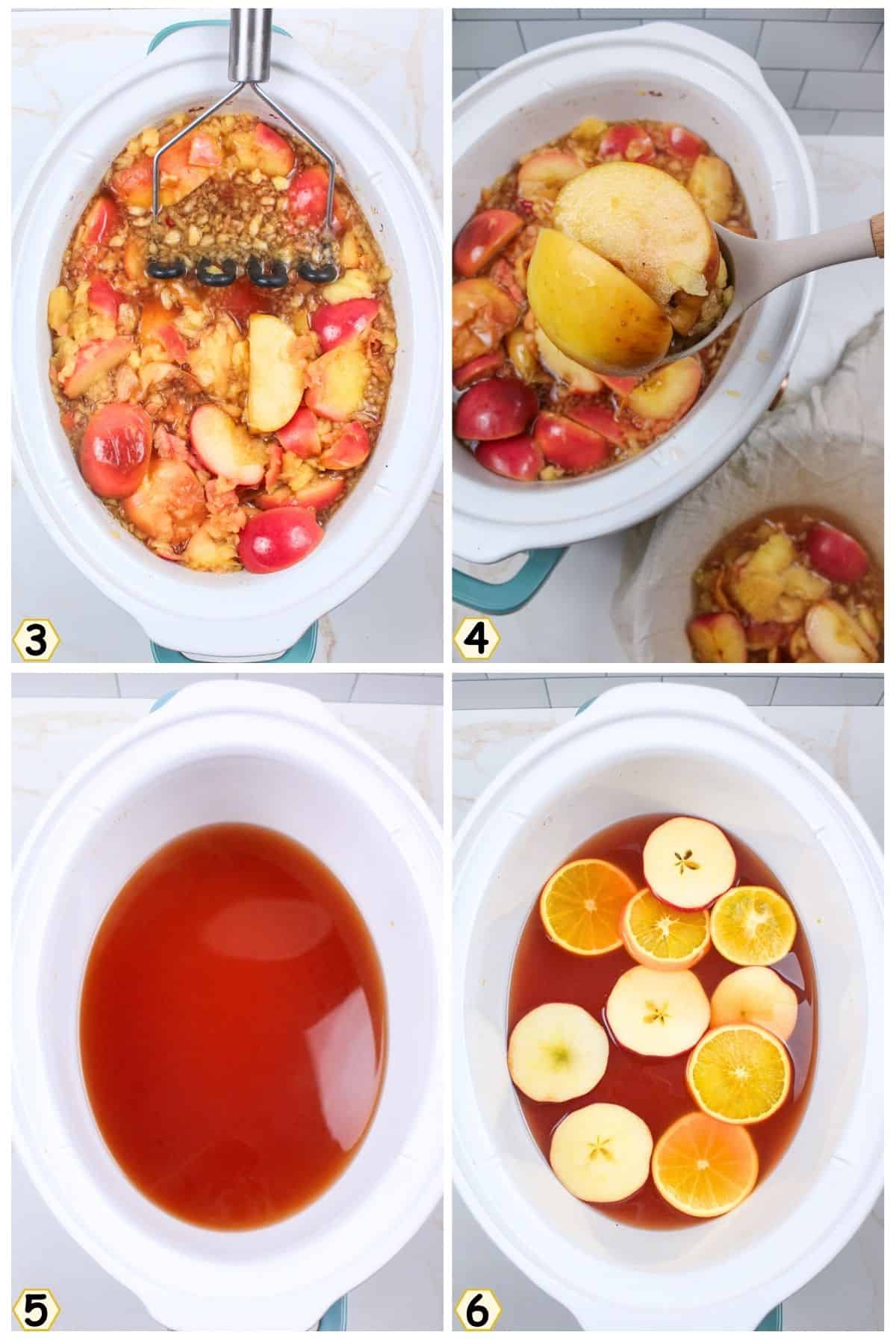 cook and mash, strain and return to pot, then add fresh fruit slices for garnish.
