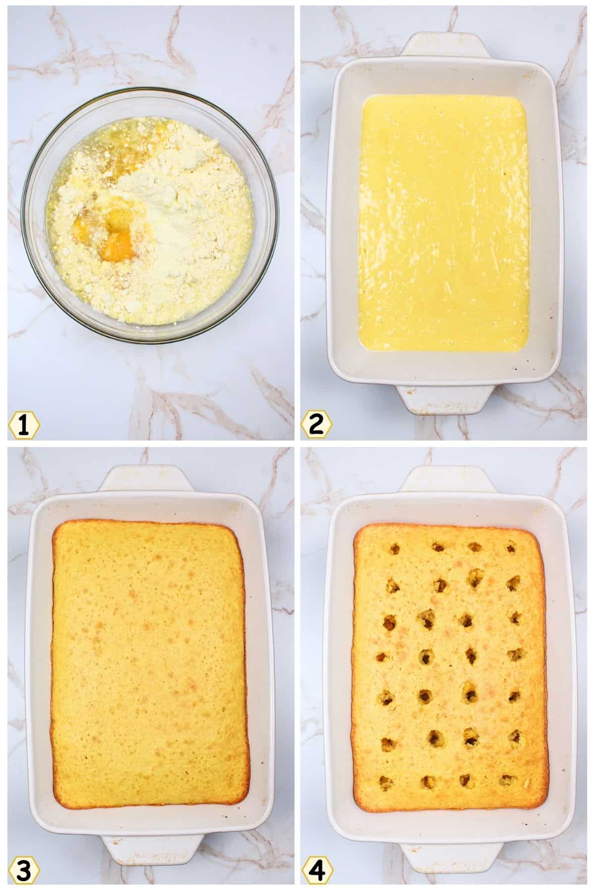 make cake in 9x13 pan then poke holes as it cools.