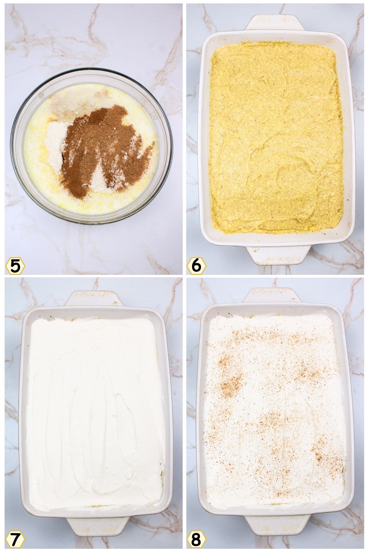 mix pudding with seasonings and spread over cake, then spread whipped topping.