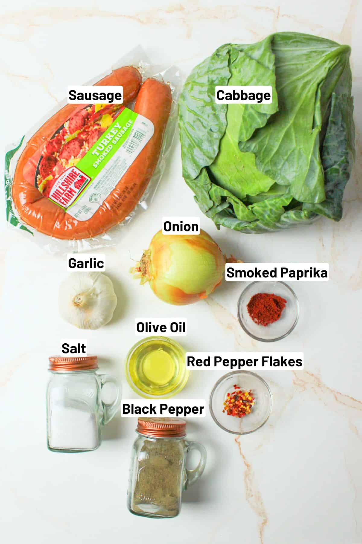 labeled ingredients needed to make fried cabbage with sausage.