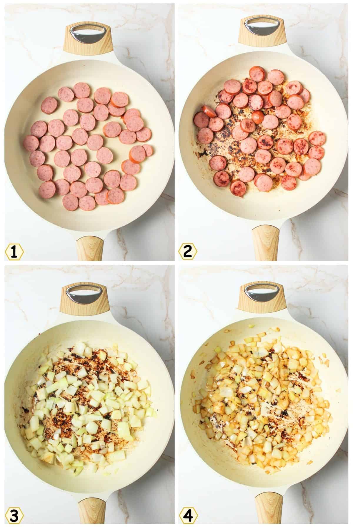 brown sausage, remove from pan then brown onions.