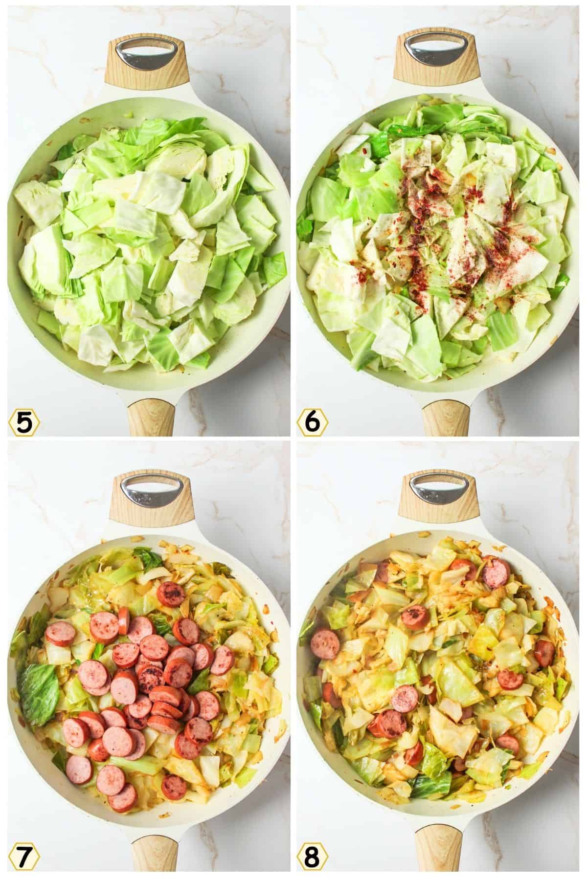 add cabbage and seasonings, saute and add the sausage back.
