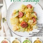 promotional graphic for fried cabbage with sausage.