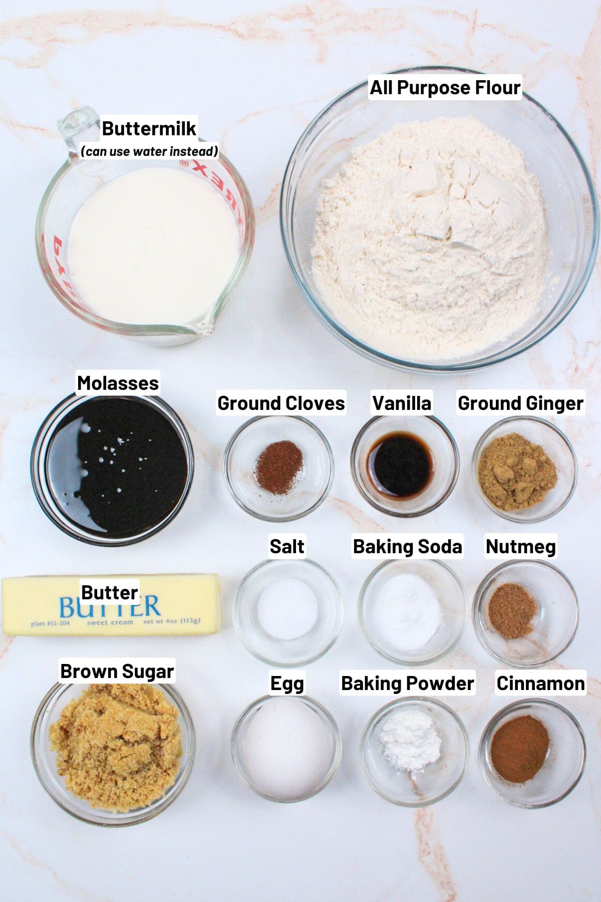 labeled ingredients needed to make gingerbread loaf.