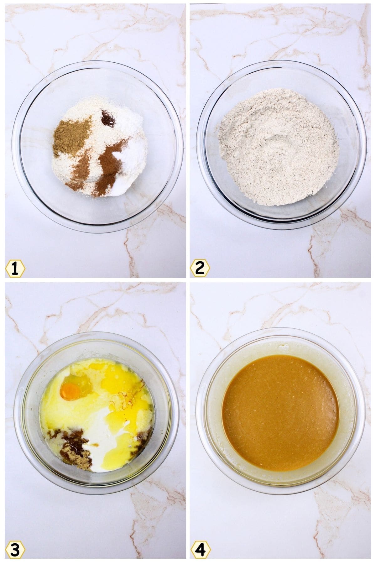 mix dry ingredients, mix wet ingredients.