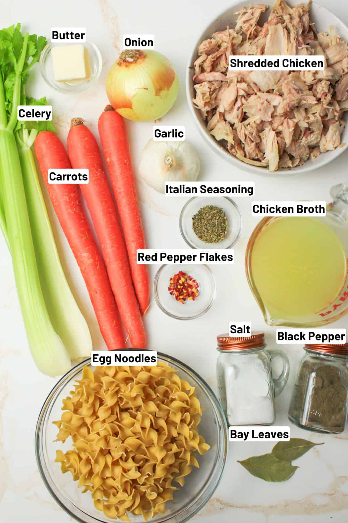 labeled ingredients for grandmas chicken noodle soup.