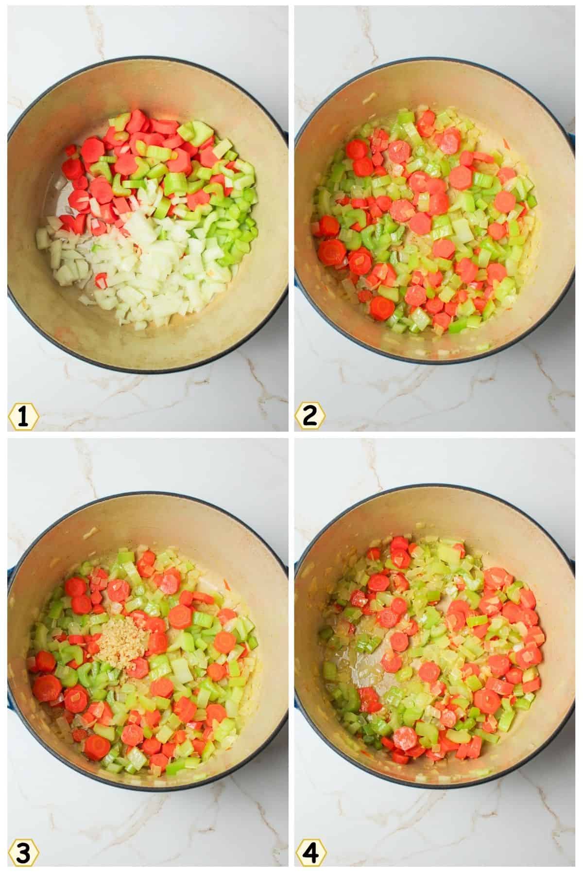 saute veggies and stir in garlic.