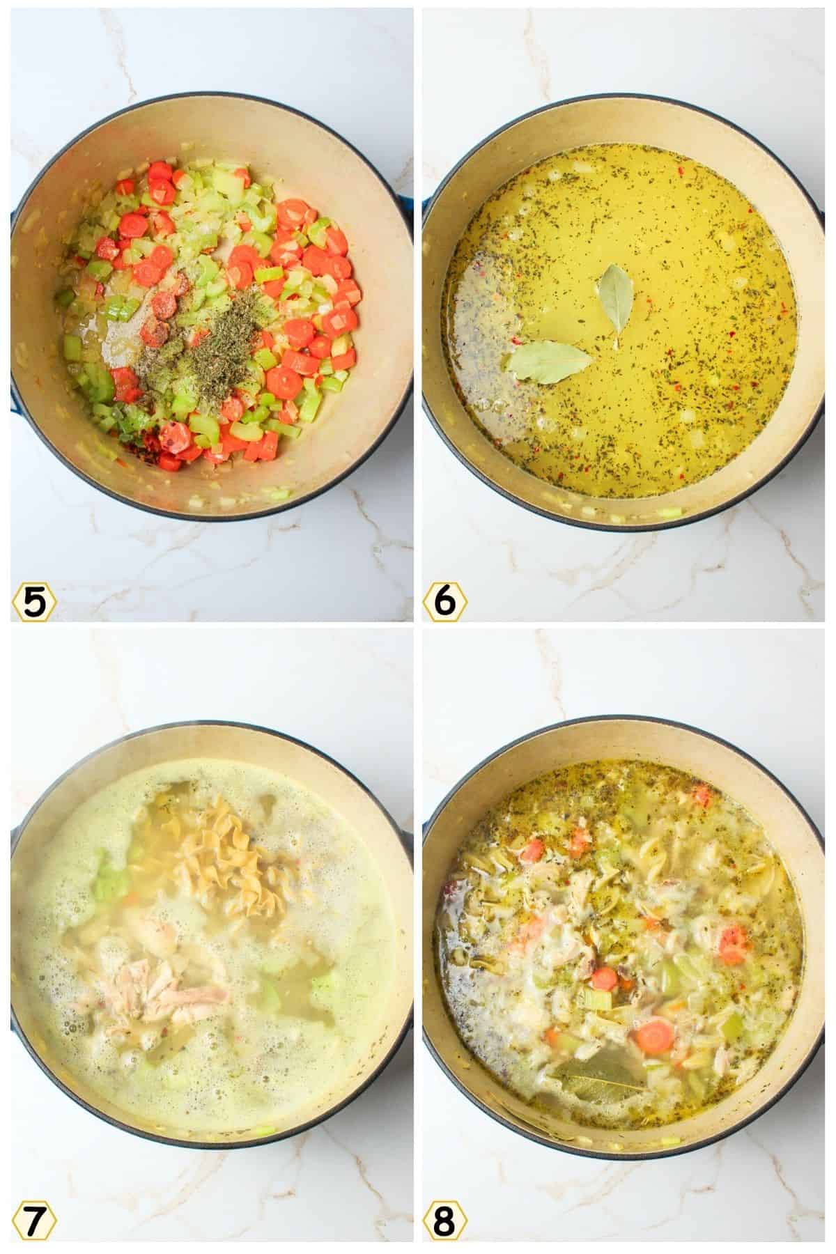 add seasonings, broth, noodles and chicken, cook until done.