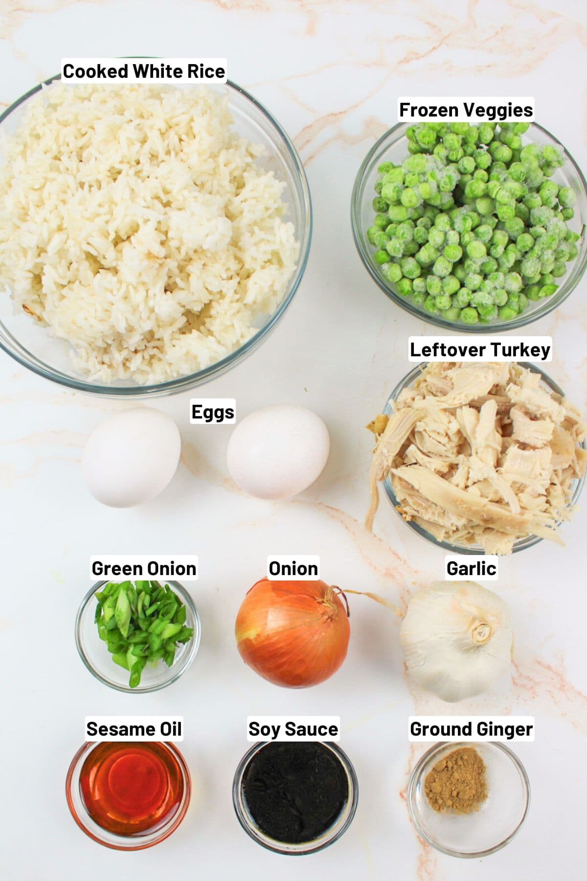 labeled ingredients for turkey fried rice.