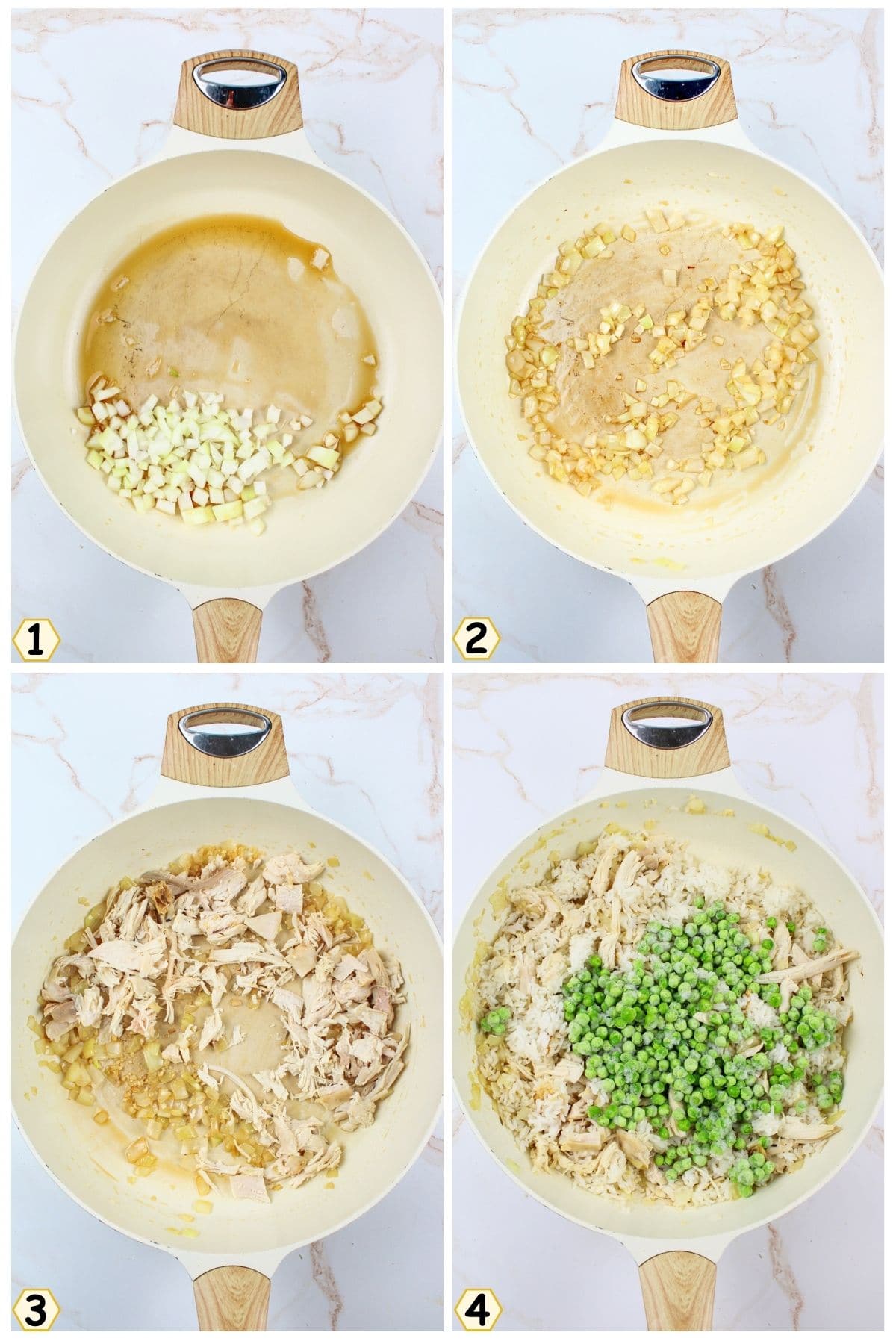 saute onions and add turkey and frozen veggies.