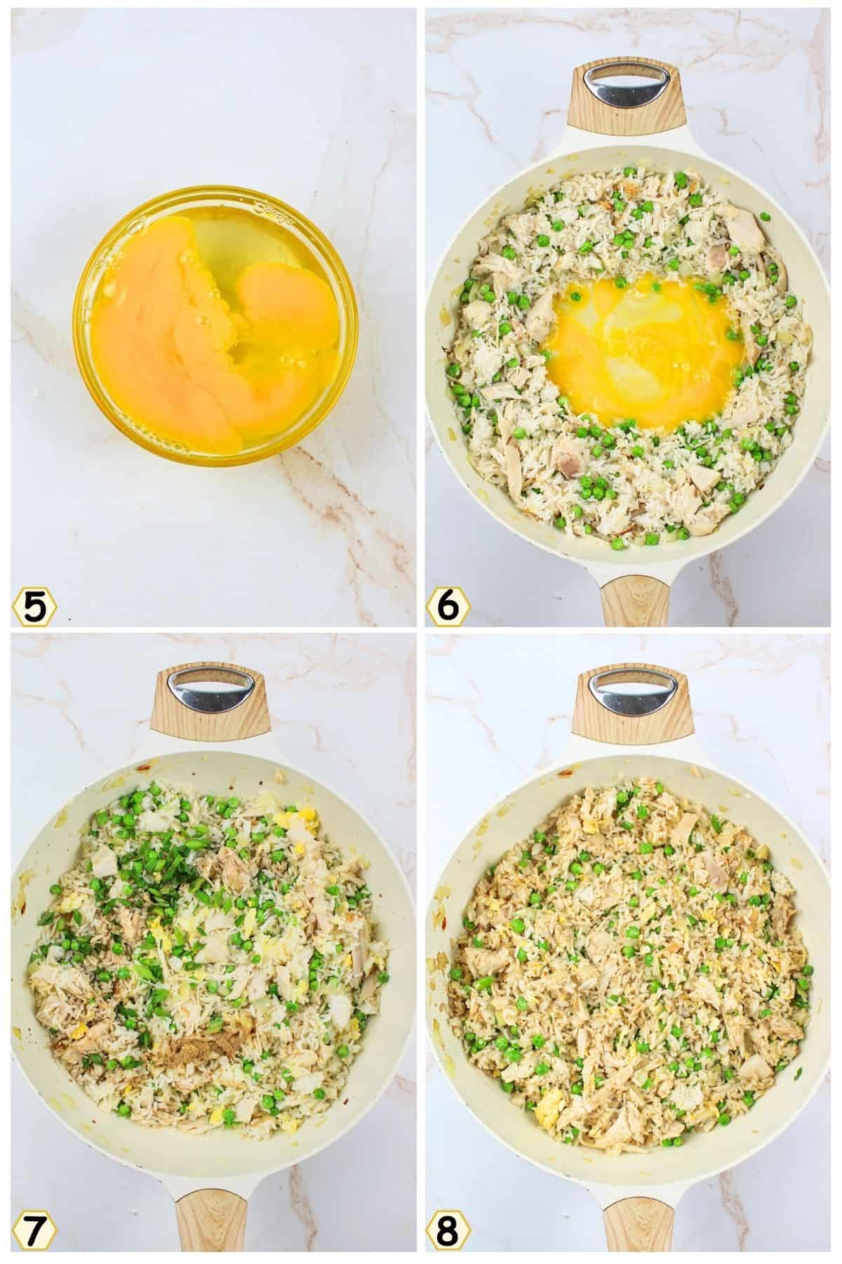 scramble eggs and add then cook and mix into rice, add seasonings and mix again.