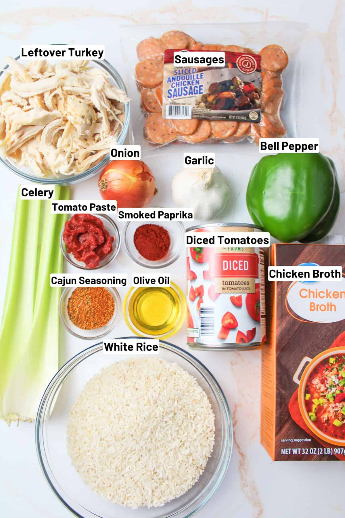labeled ingredients needed for turkey jambalaya.