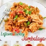 promotional graphic for leftover turkey jambalaya.