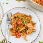 turkey jambalaya on a plate with a fork.