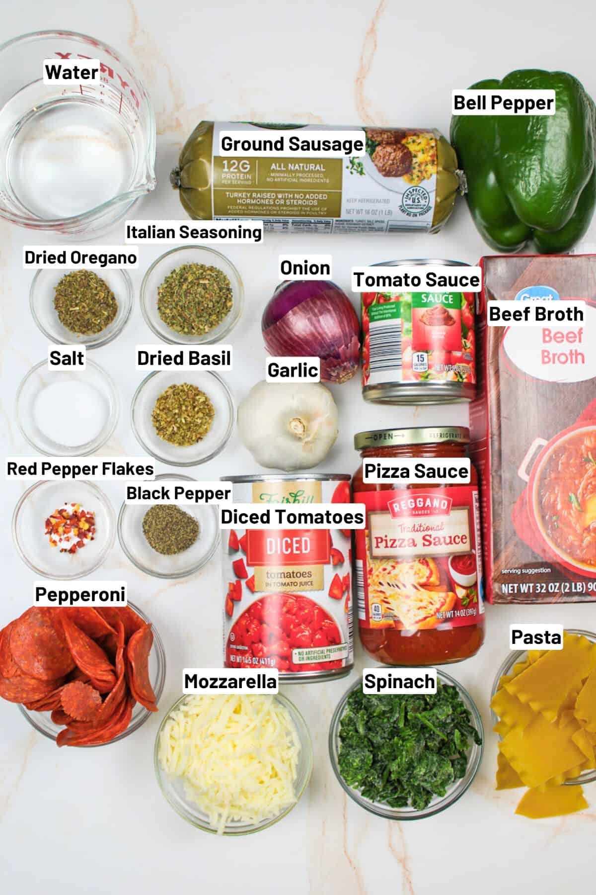 labeled ingredients needed to make slow cooker pizza soup.