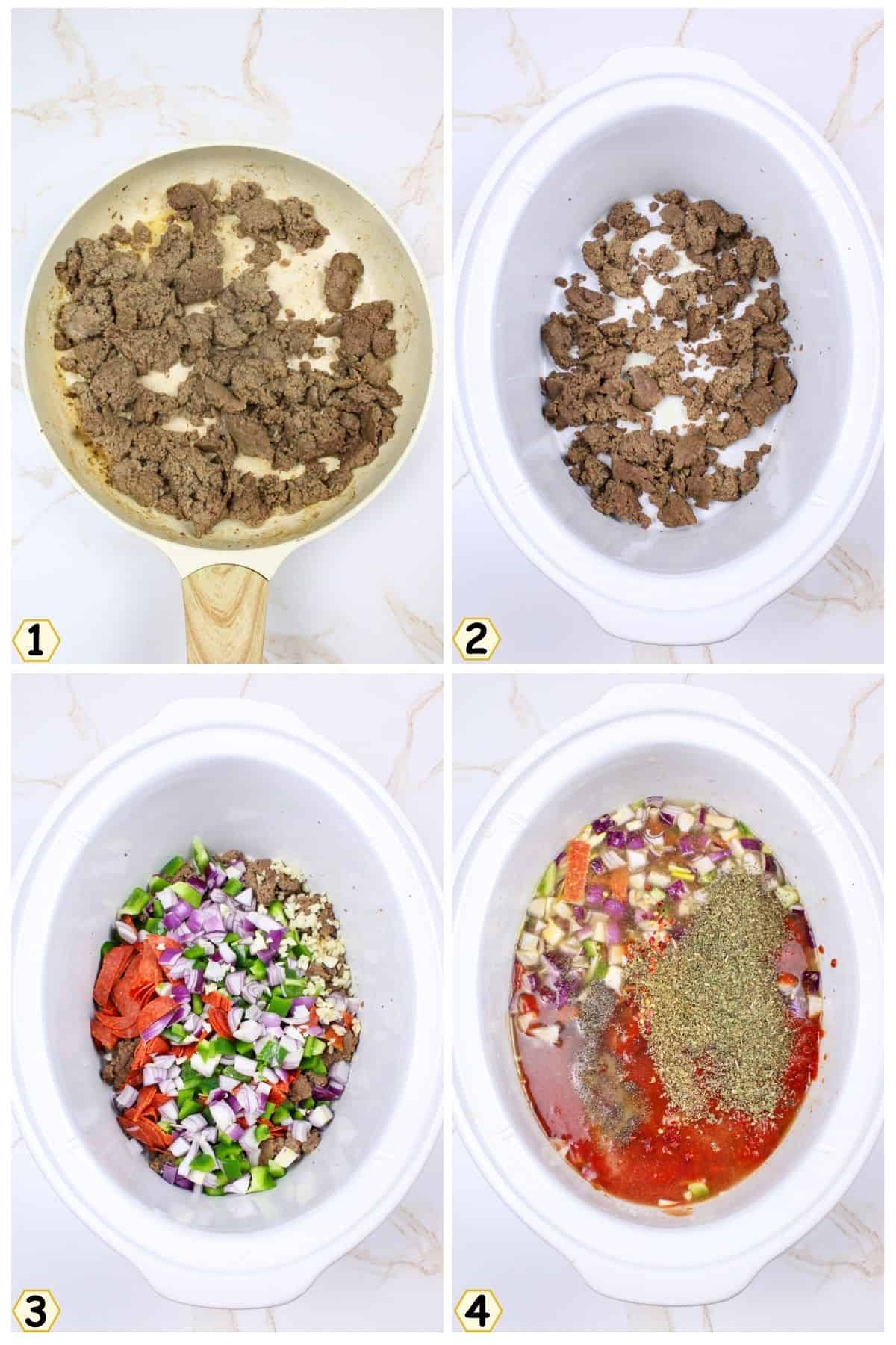 brown meat and add meat, tomatoes, veggies, and seasonings to crockpot.