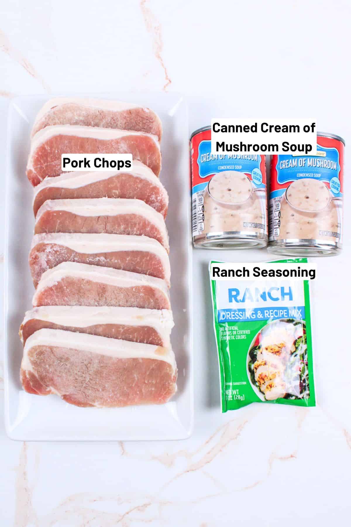 labeled ingredients for 3 ingredient pork chops.