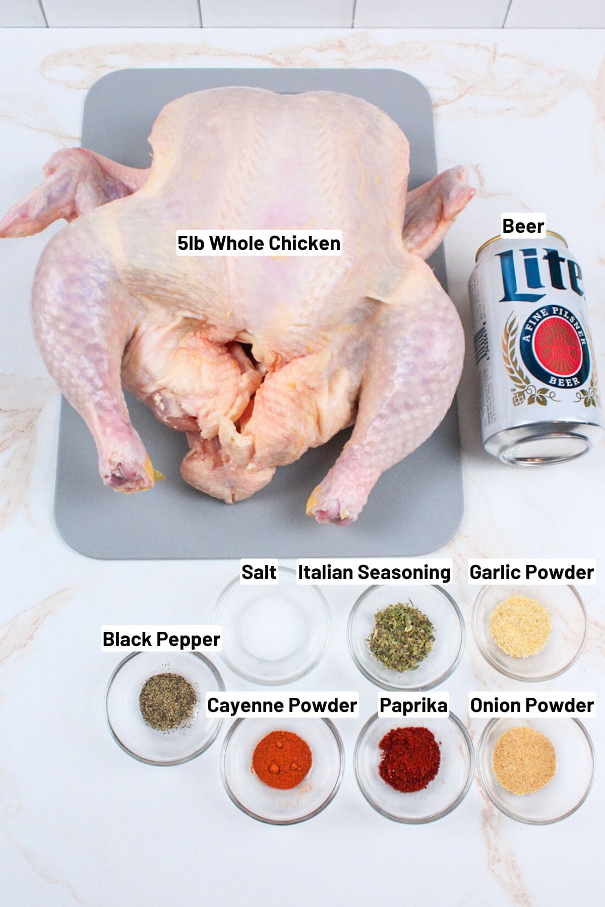 labeled ingredients needed to make beer can chicken.