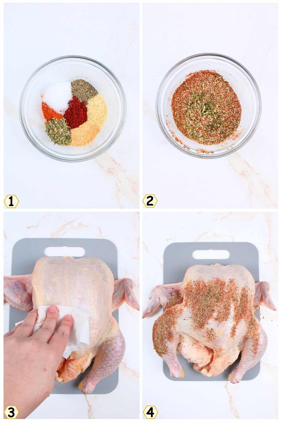 mix seasonings, pat chicken dry, then sprinkle seasoning over skin.